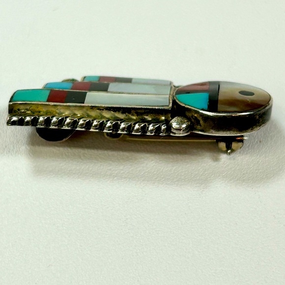 RARE Vintage Zuni Signed Julie O Lahi Inlay Sun Face Pendant Brooch Sterling 925 - Picture 4 of 7